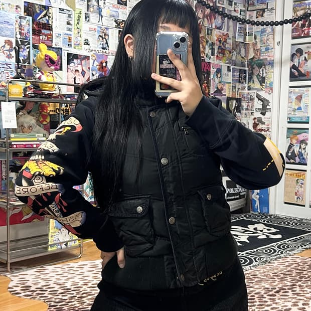 빈티지 락시크 펑크 블랙 후드 패딩 베스트