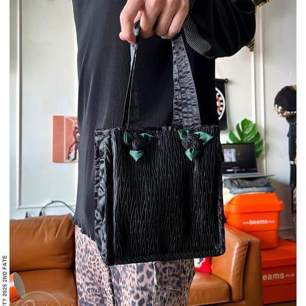 JPN Vintage 3D Black Rose Satin Tote Bag