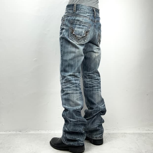 Heavy Whisker Wash Distressed Denim Pant