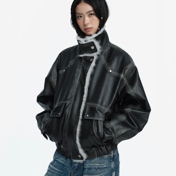 러프넥 워싱 레더 무스탕 자켓 그레이