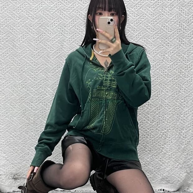 나이키 빈티지 올드스쿨 레트로 딥그린 드로잉 후드집업 M C13389
