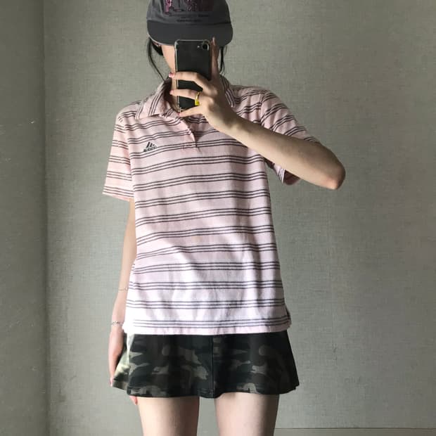 아디다스 핑크 스트라이프 테리 반팔티셔츠