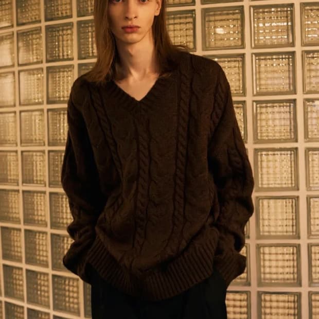 드로우핏 브이넥 헤어리 니트 M 브라운