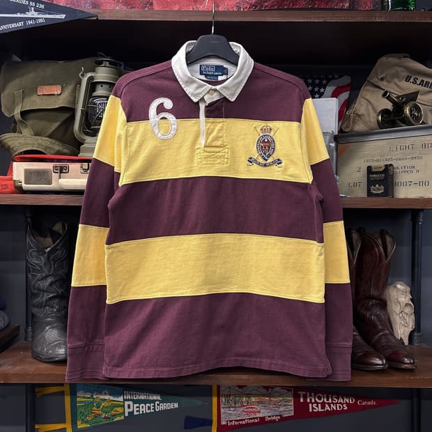 90s 폴로 재팬라인 넘버링 자수 패치 스트라이프 PK 럭비 티 N320