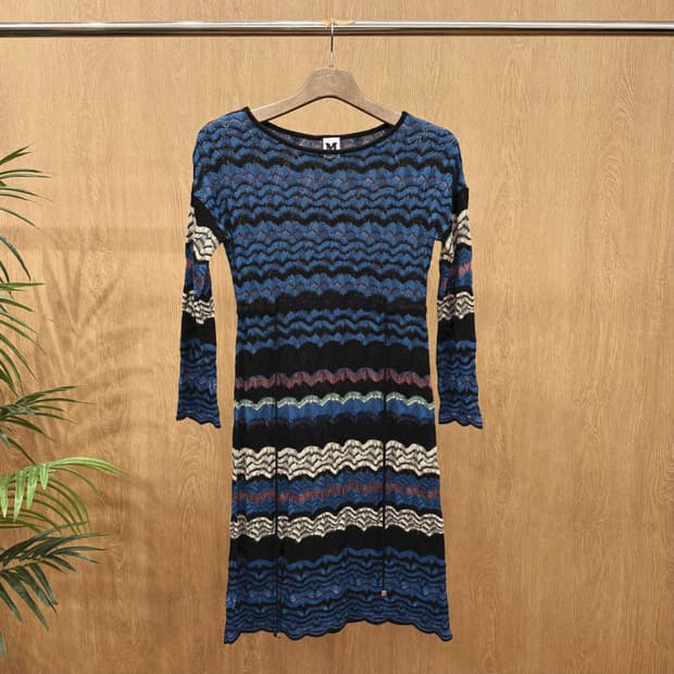 미쏘니 니트 롱 원피스 지그재그 패턴 디테일 슬림핏 멀티컬러