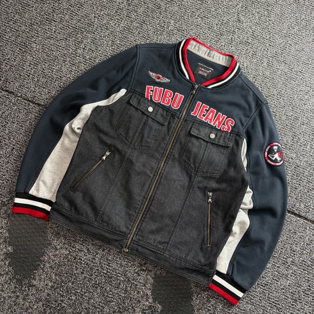 후부 올드스쿨 데님 믹스업 바시티 집업 자켓 3705