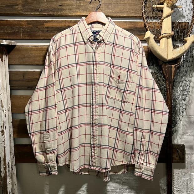 [M]90's 폴로 랄프로렌 스포츠 화이트 체크 플란넬 셔츠