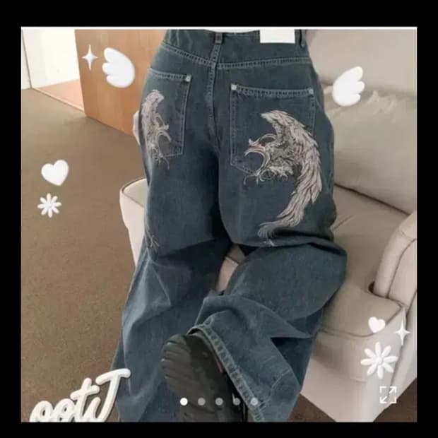 Ootj 데빌 윙 백 프린팅 와이드 데님 팬츠 워싱 핏시 애니원모어