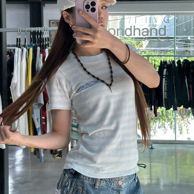 히스테릭글래머 로고 스트라이프 반팔티셔츠