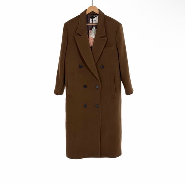 [38] 미우미우 24fw 버진 울 더블 브레스티드 롱 코트 자켓 브라운