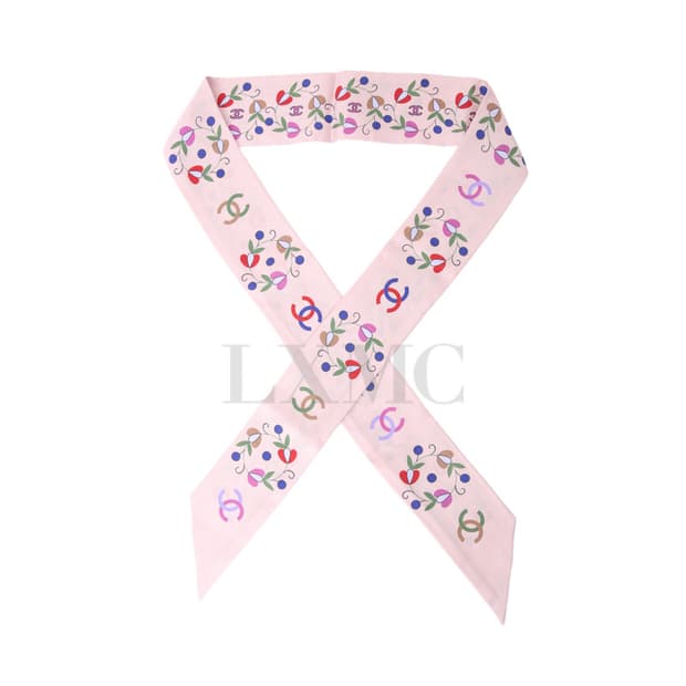 샤넬 스카프 핑크 플라워 실크 헤어밴드 트윌 미니스카프