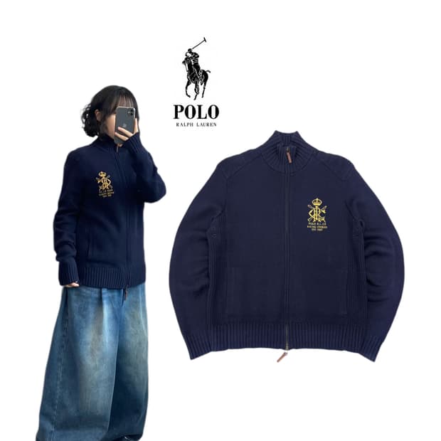 폴로 램스울 크라운로고 투웨이 니트집업