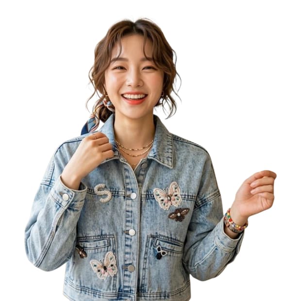 🌟봄아우터 | 사틴 와펜 자수 데님자켓 55~FREE 여유핏 상태좋음