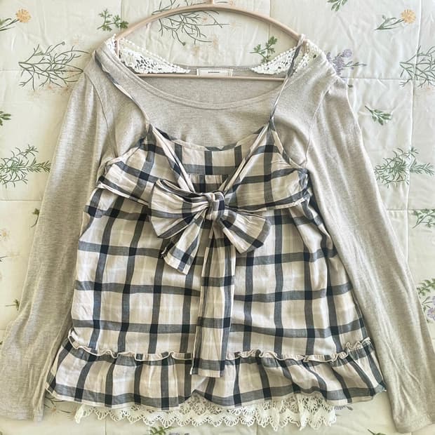 모리걸 빈티지 체크 나시 레이어드 set 🤍🤎🎀