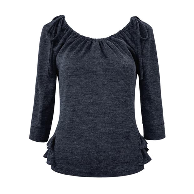 체메씨 셔링 미드 슬리브 프릴 탑 네이비 티셔츠