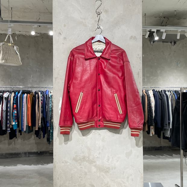 vtg 레드 레트로 레더 바시티 자켓