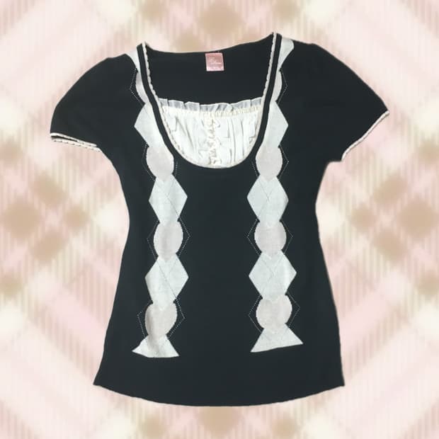 블랙 핑크 리본 아가일 니트 레이스 로걀탑 라떼 히메 갸루 러블리