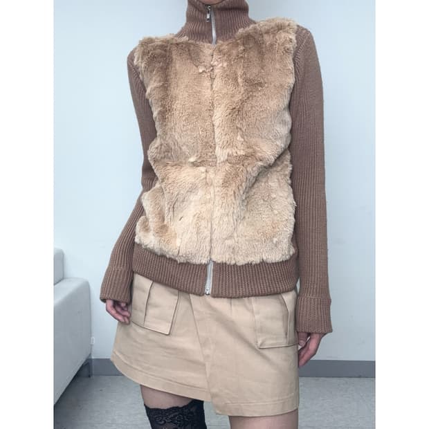 브라운 하이넥 퍼 니트 집업 y2k