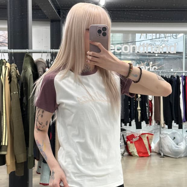 아디다스 Y2K 화이트퍼플 배색 나그랑 반팔 티셔츠