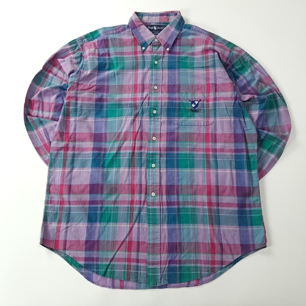 CK214 L 폴로 90s 마드라스체크 쉴드 엠블럼 셔츠 남방