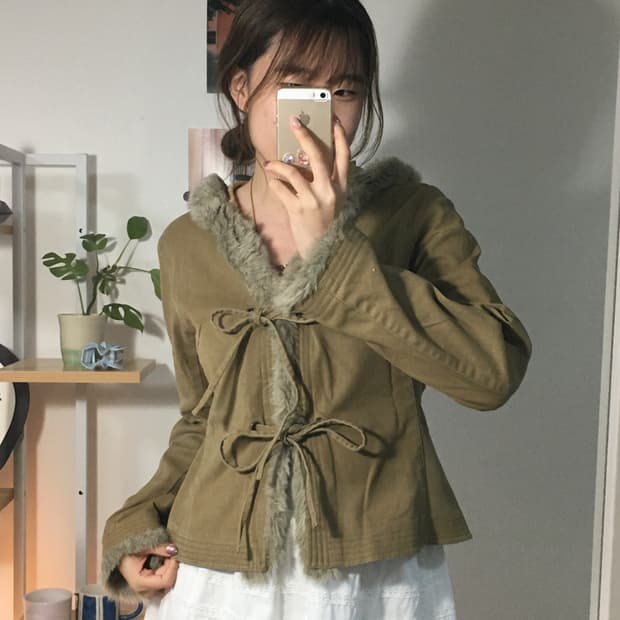 캬라멜 퍼 리본 자켓