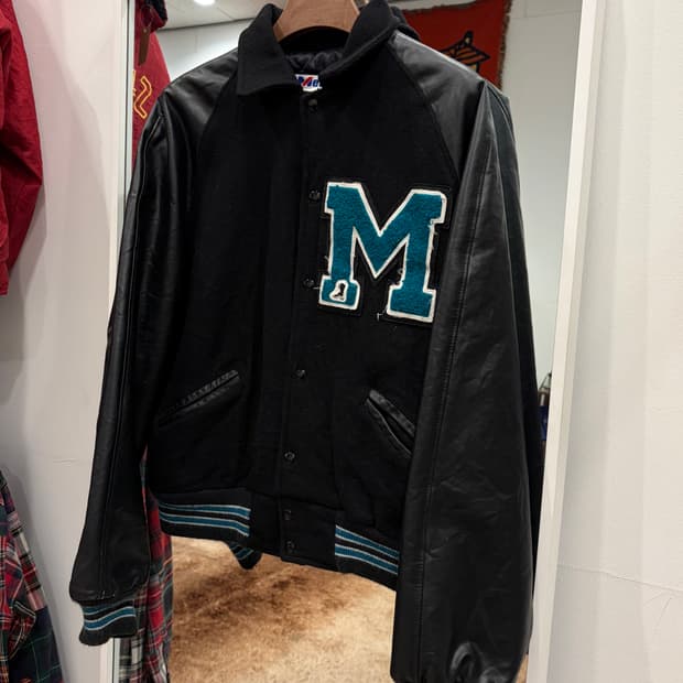 90s Meca 빈티지 멜톤 울 리얼레더 바시티 자켓 (USA)
