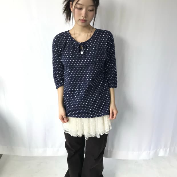 네이비 도트 리본 티