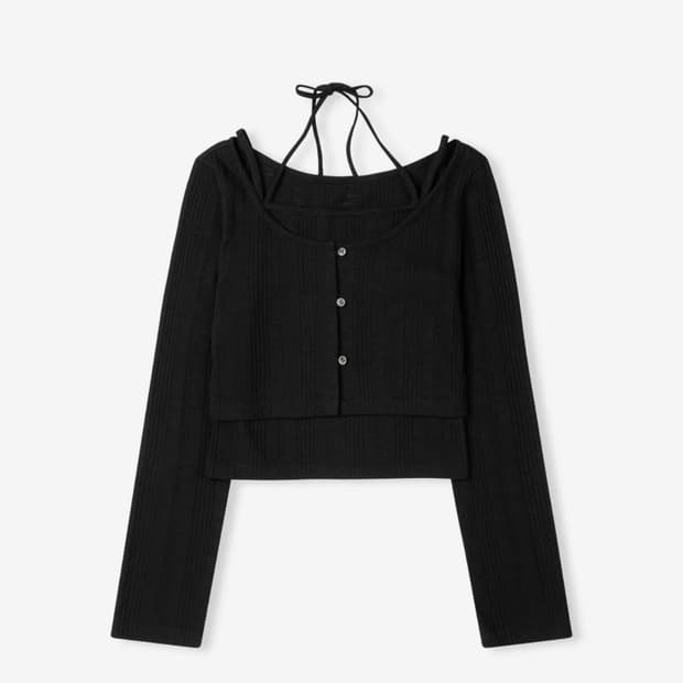 [새상품] 레더리 홀터넥 슬리브리스 가디건 세트