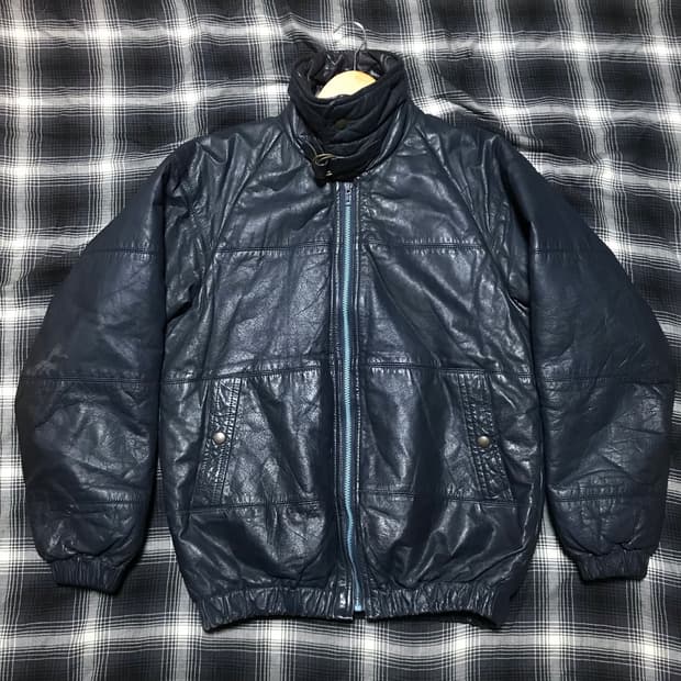 80s 재팬 블루 블랙 리얼레더 가죽 패딩