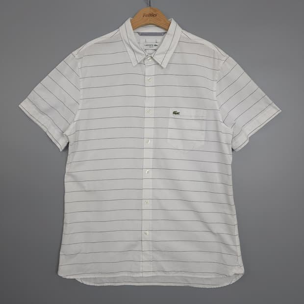 라코스테 Lacoste 슬림핏 스트라이프 린넨 혼방 반팔셔츠 105