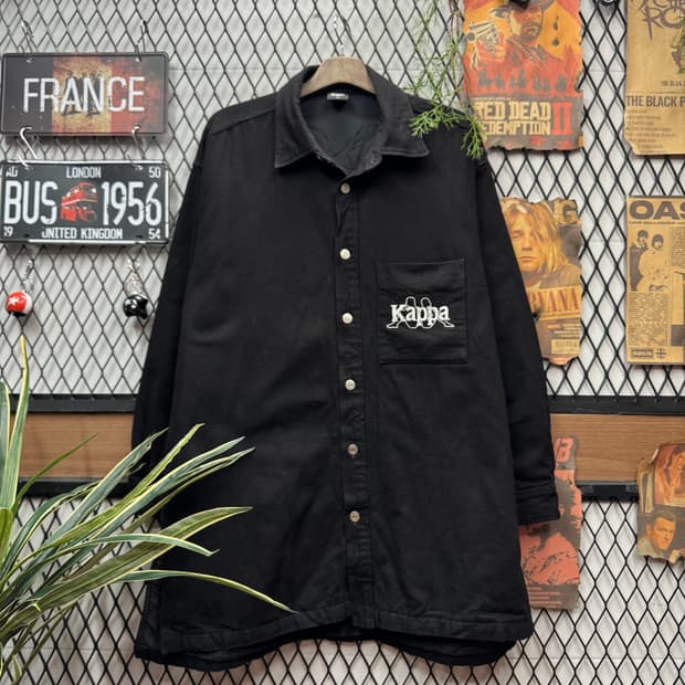 카파 X GU 롱 셔츠 자켓 전면 빅로고 빅포켓 포인트 블랙