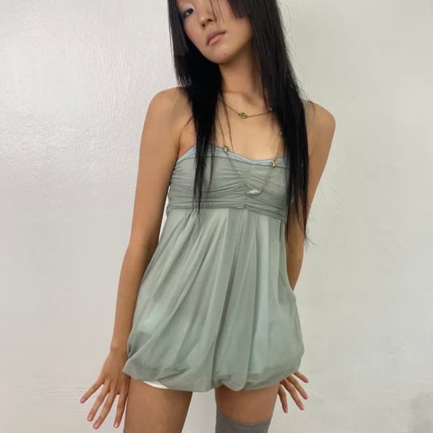 루즈슬립오버 메쉬 플러프 미니 탑 세이지민트