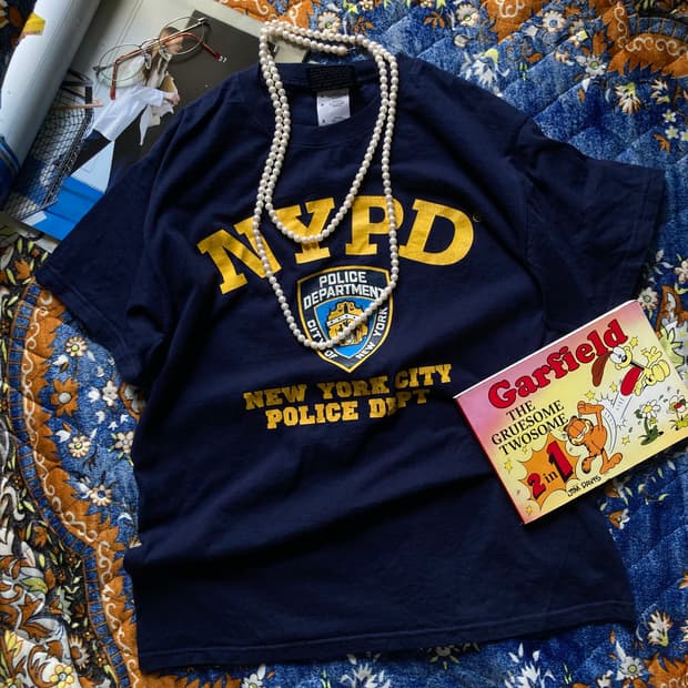 Officially 빈티지 NYPD 로고 프린팅 네이비 발팔 반소매 셔츠