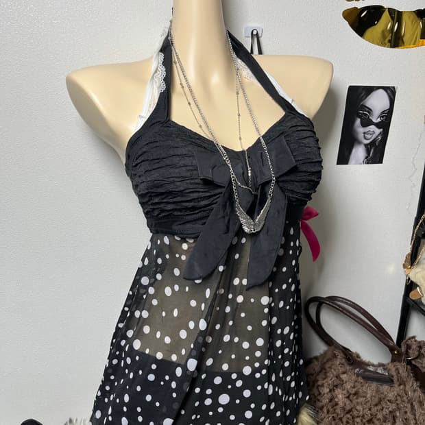 빈티지 홀터넥 도트 슬리브리스