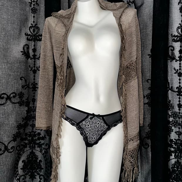 beige fringe lace hooded cardigan