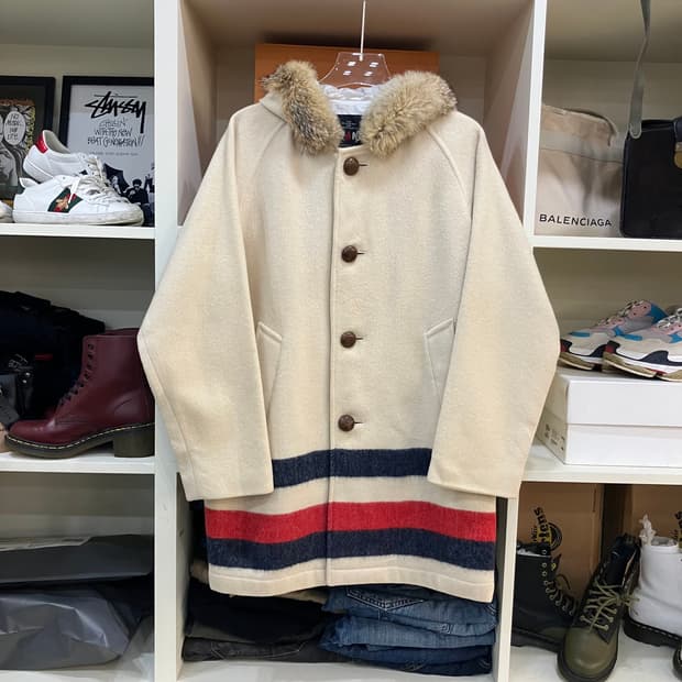 VAN 아이보리 퍼 후드 코트 M