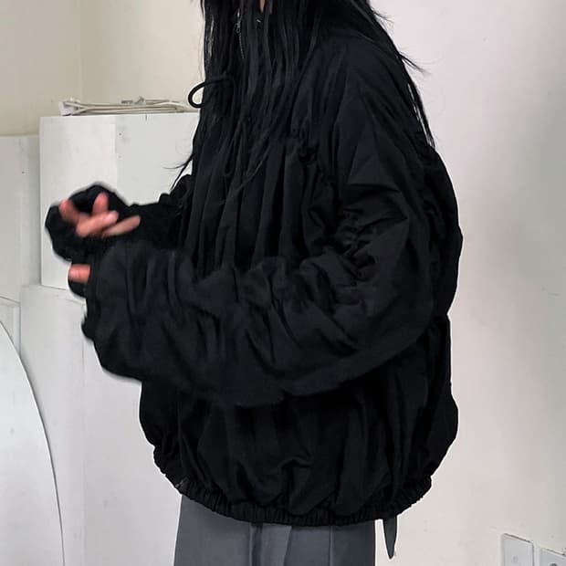 우화 미니멀 스트링 셔링 집업 자켓 점퍼 / 링클 벌룬