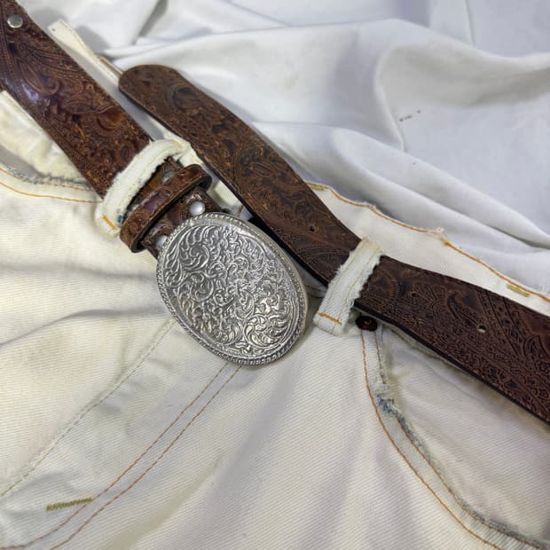 빈티지 페이즐리 패턴 웨스턴 버클 레더 벨트