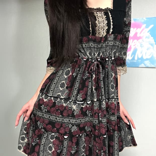 엑시즈팜 엔틱 고스 고딕 레이스 자수 리본 로즈 블랙 원피스 