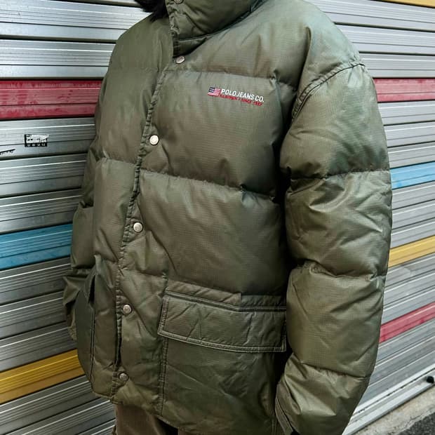 90s 폴로 올리브 그린 다운 푸퍼 자켓 올드스쿨 패딩 M L