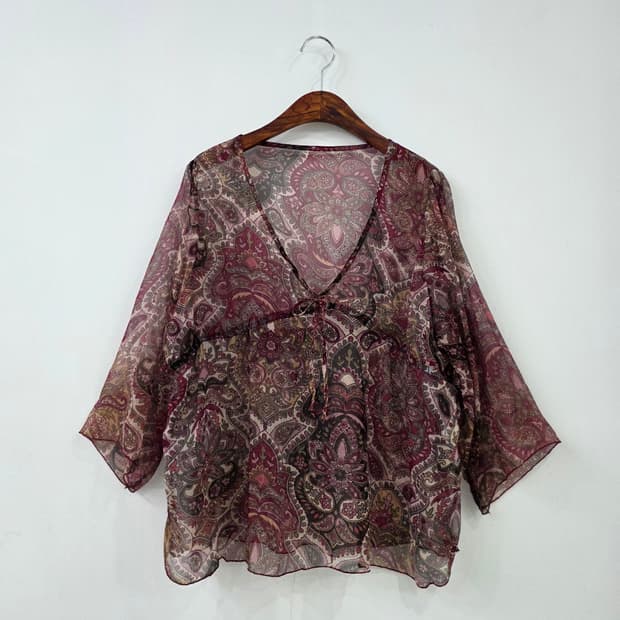 보헤미안 와인 페이즐리 쉬폰 리본 블라우스 일본빈티지
