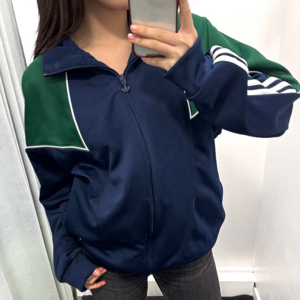 아디다스 그린블루 배색 빅로고 트랙탑 져지