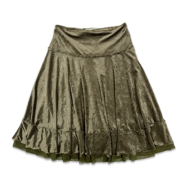 빈티지 Brahmin 카키 벨벳 레이스 프릴 미디 스커트