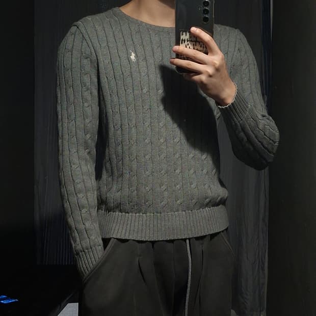 폴로랄프로렌 그레이 화이트포니 케이블 꽈배기 패턴 코튼 라운드넥 니트 S