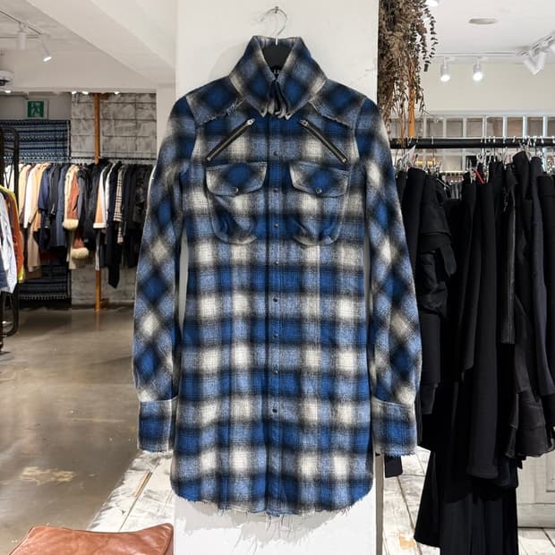 엘지비 블루 체크 울 혼방 지퍼 롱 셔츠 