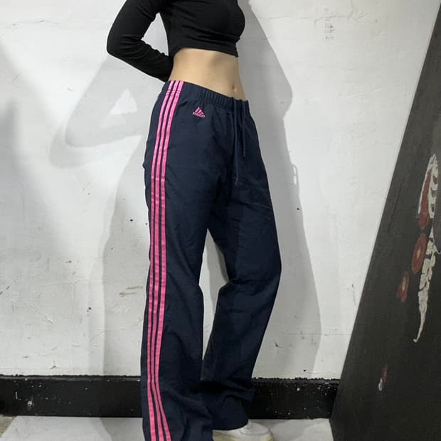 아디다스 네이비 핑크 삼선 로고 와이드 추리닝 트레이닝 트랙 팬츠 M