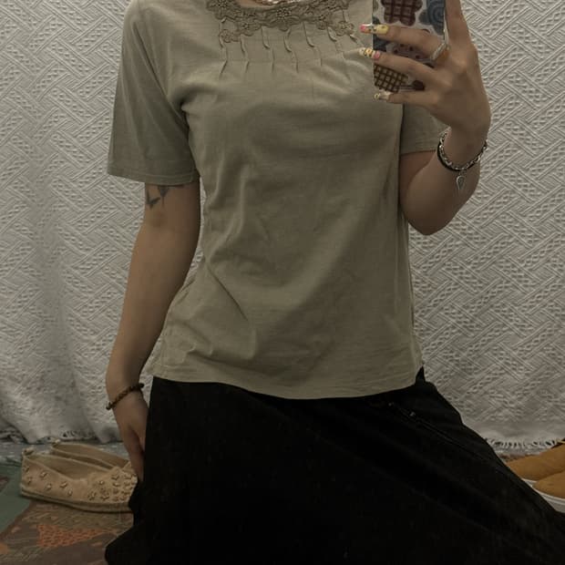 빈티지 재팬 컨트리 코지 모리걸 플라워 핀턱 반팔티 K0599