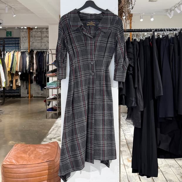 비비안웨스트우드 차콜 타탄 체크 오픈 카라 원피스