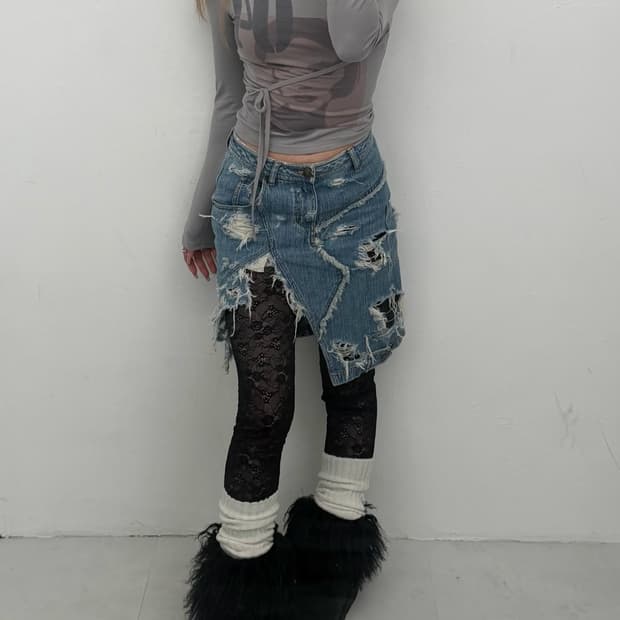 디스트레스 청 미디 스커트