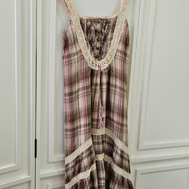 엑시즈팜 체크 레이스 슬리브리스 롱원피스